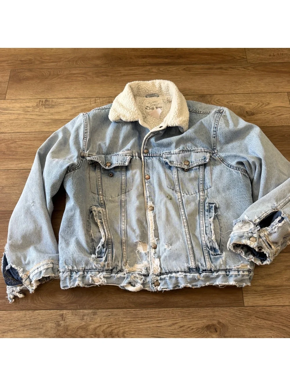 Vtg Silver Spur Western Sherpa Denim Jacket Thrashed XL